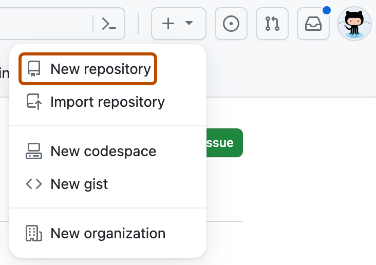 GitHub menu under the plus button with New repository marked