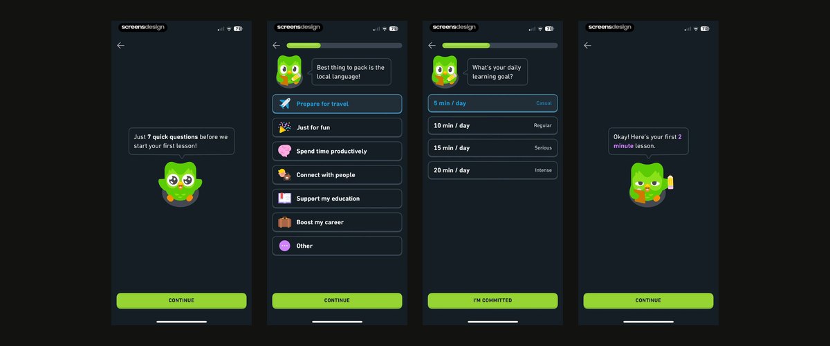 Duolingo onboarding: four screens before the first lesson