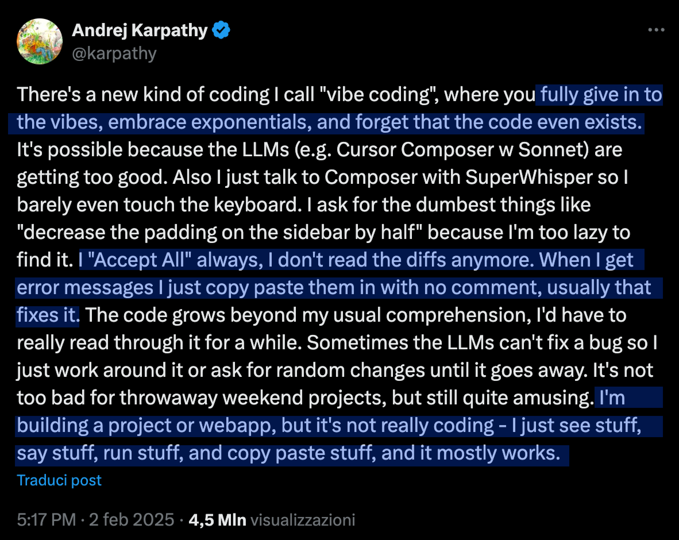 Andrej Karpathy's post on X from 2 February 2025 that named vibe coding