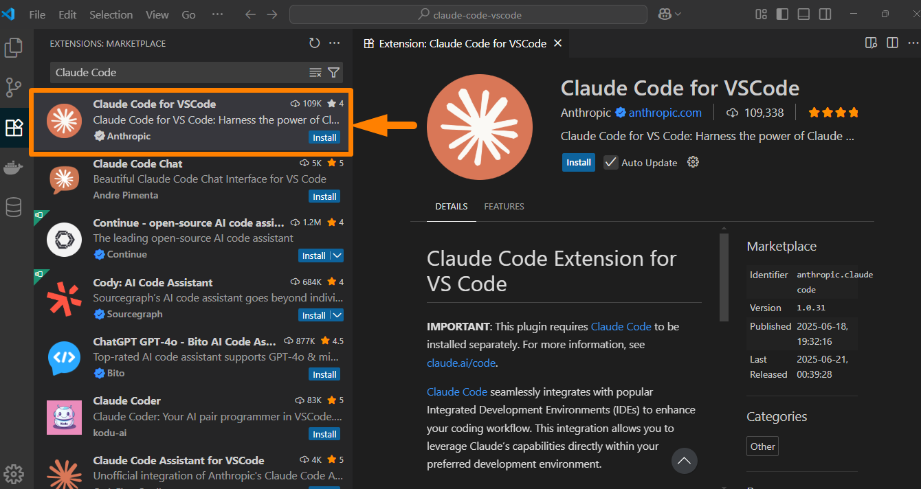 VS Code Extensions with Claude Code for VS Code by Anthropic marked