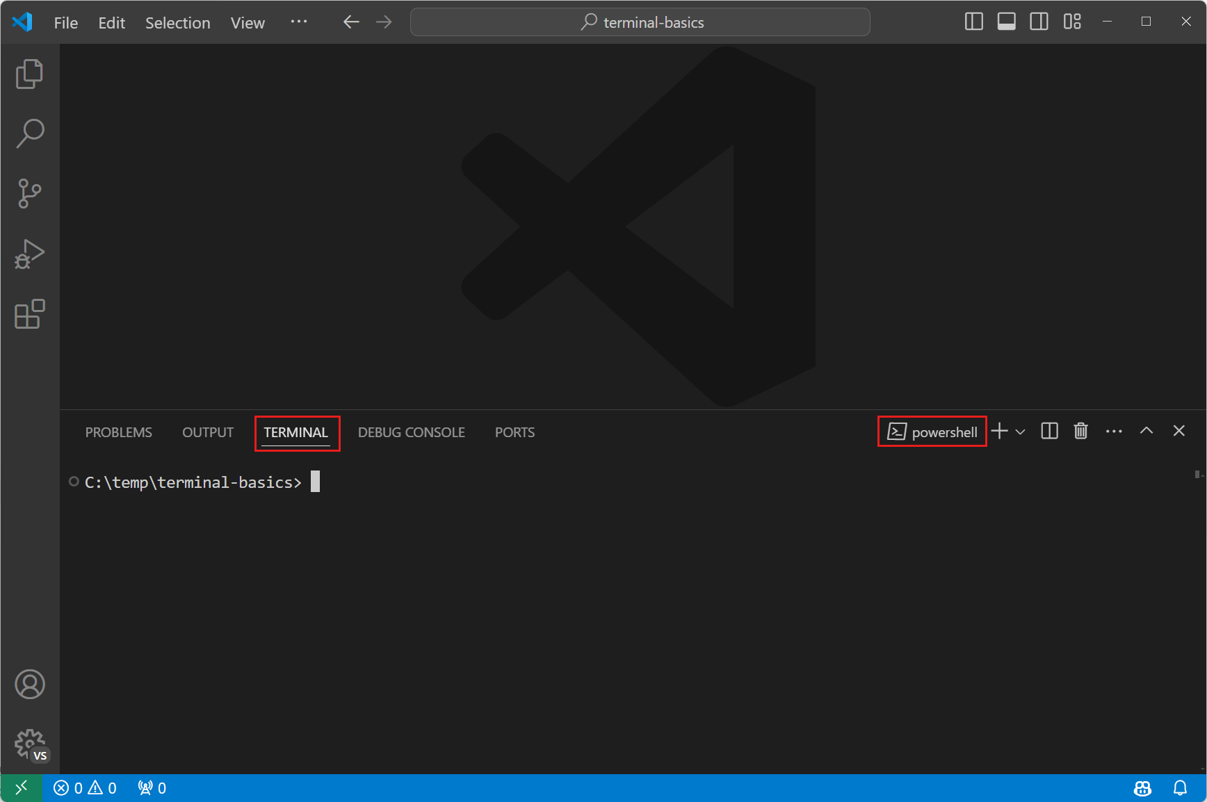 VS Code with the TERMINAL tab open at the bottom, running PowerShell